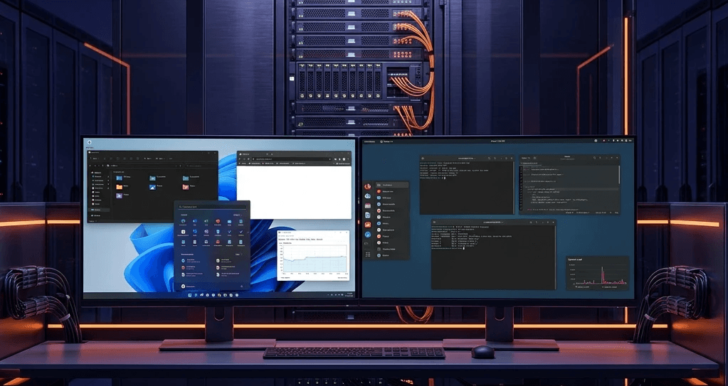 Two monitors in a server room, one showing a Windows desktop and one a Linux terminal