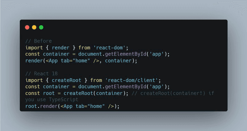 A before and after comparison of React 18 features.