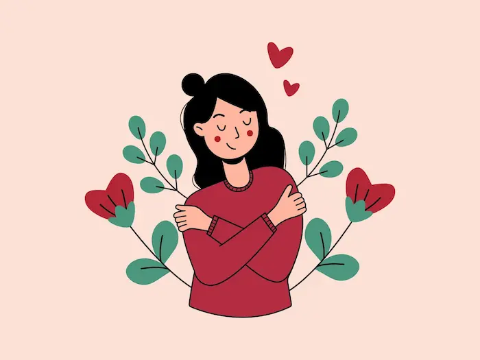 une femme souriante, faisant un calin à elle même.