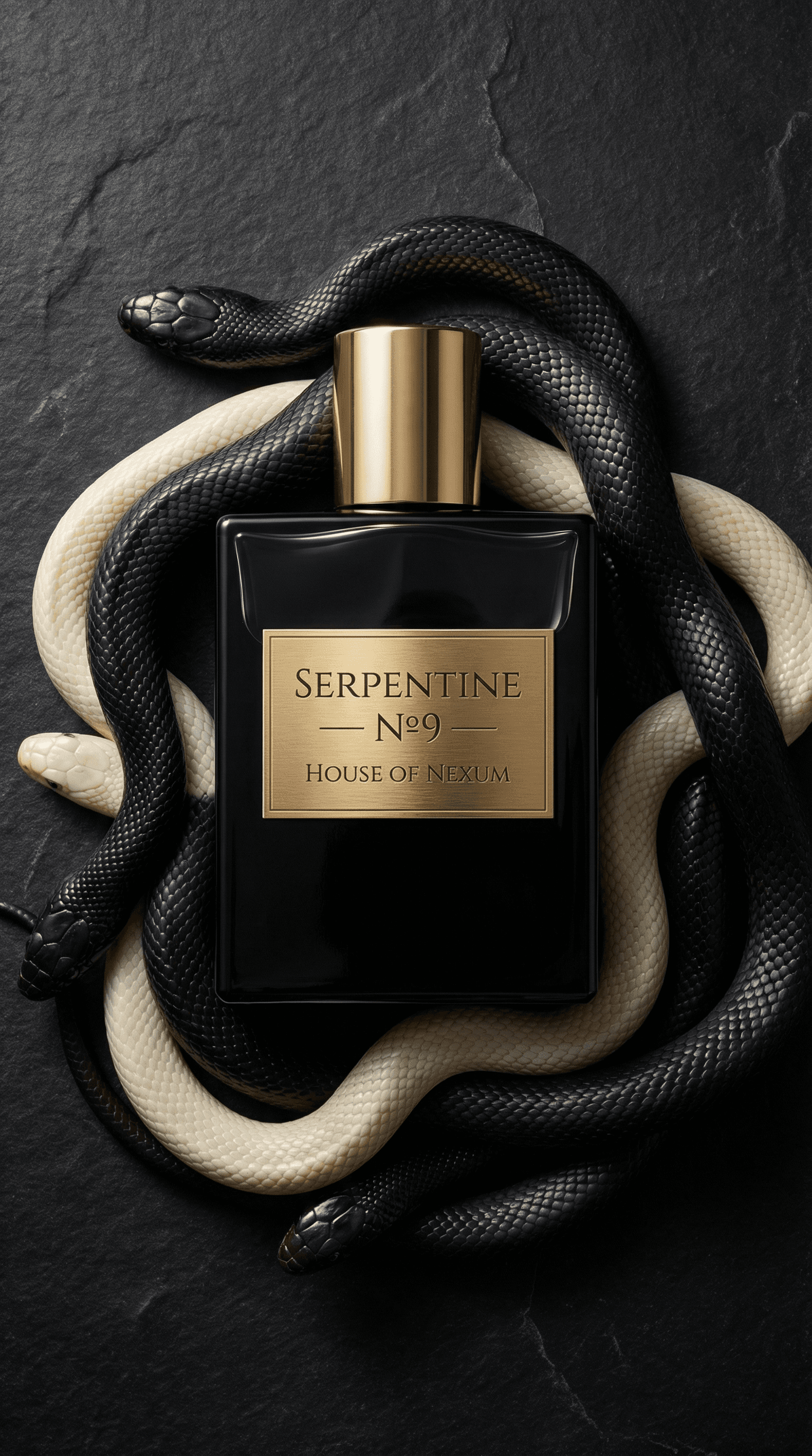 Serpentine N°9 perfume bottle by House of Nexum wrapped in black and ivory snakes