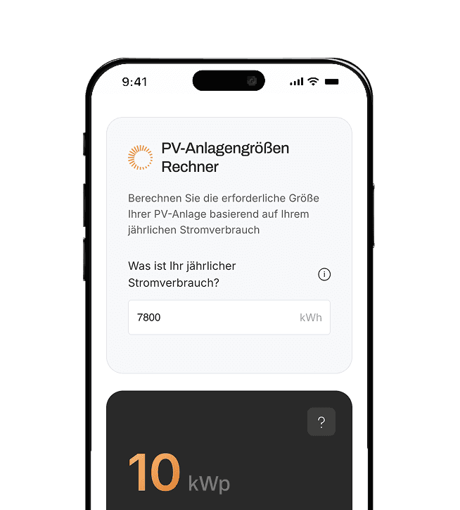 Mockup Vorschau des PV-Anlagengrößen Rechner auf einem iPhone.