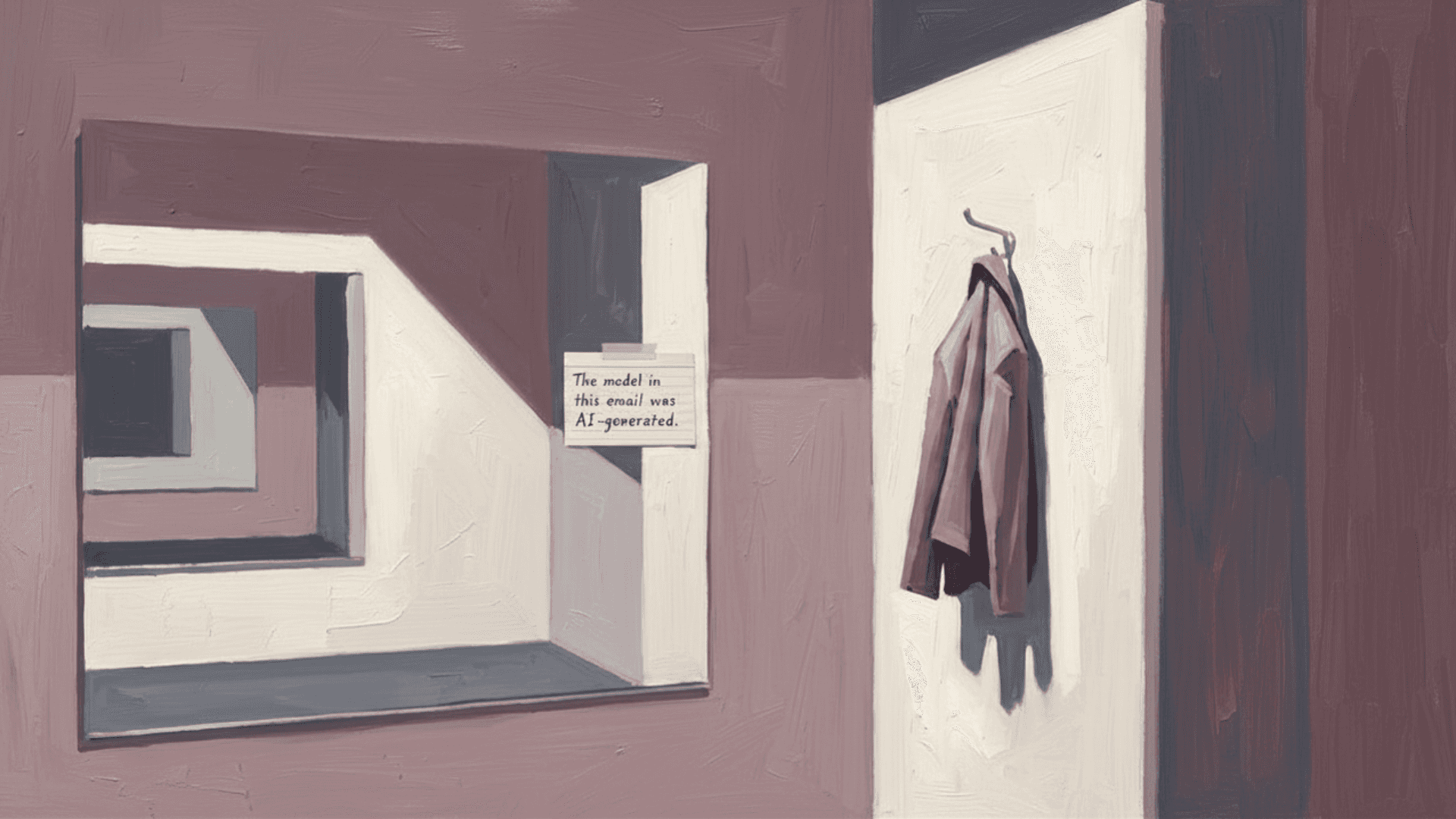 Oil painting in the style of Edward Hopper showing an empty department store dressing room with a garment hanging on a hook and a small handwritten card taped to the mirror that reads "The model in this email was AI-generated."