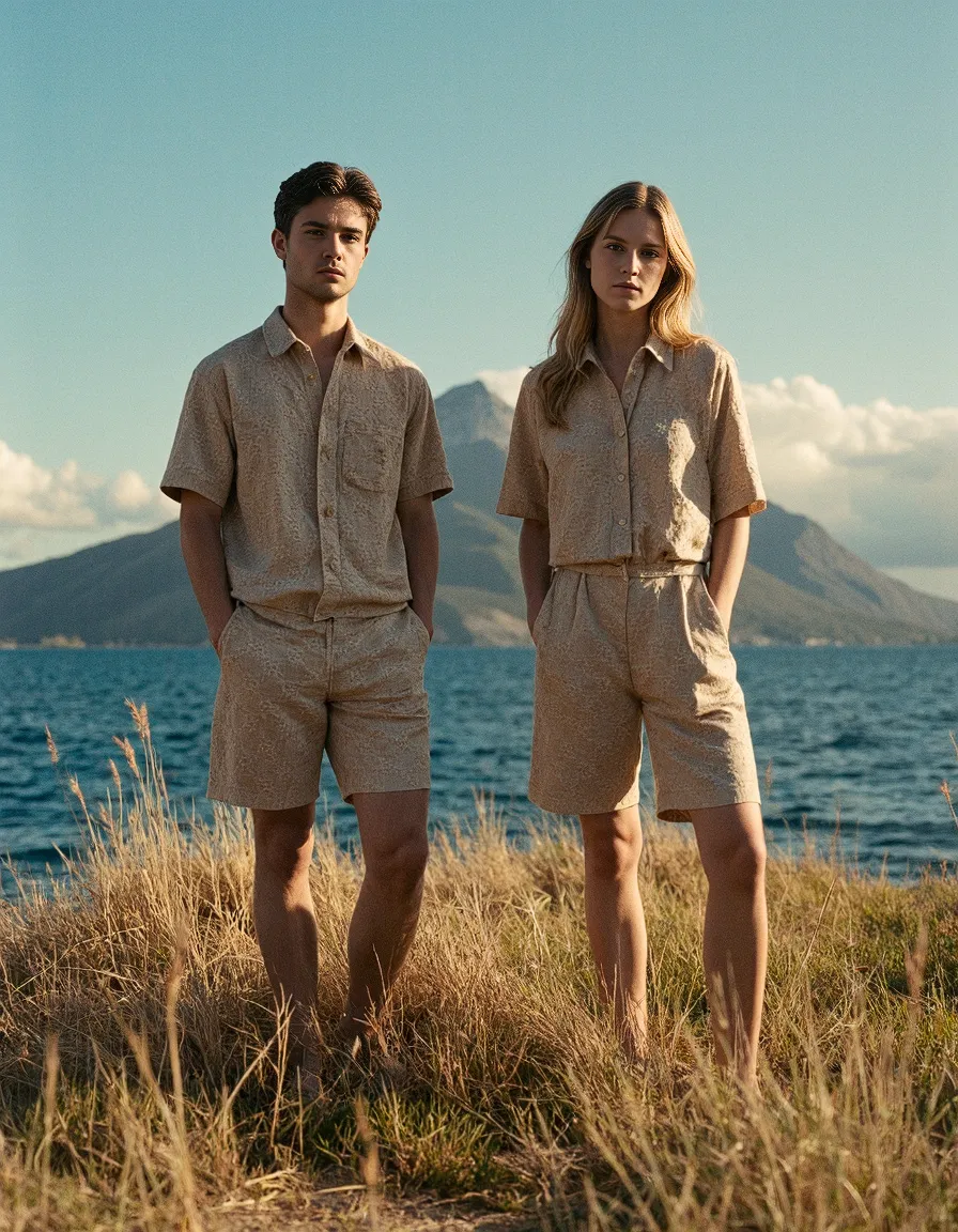 Two people in matching beige linen outfits standing in coastal grassland with mountains and ocean in background at golden hour