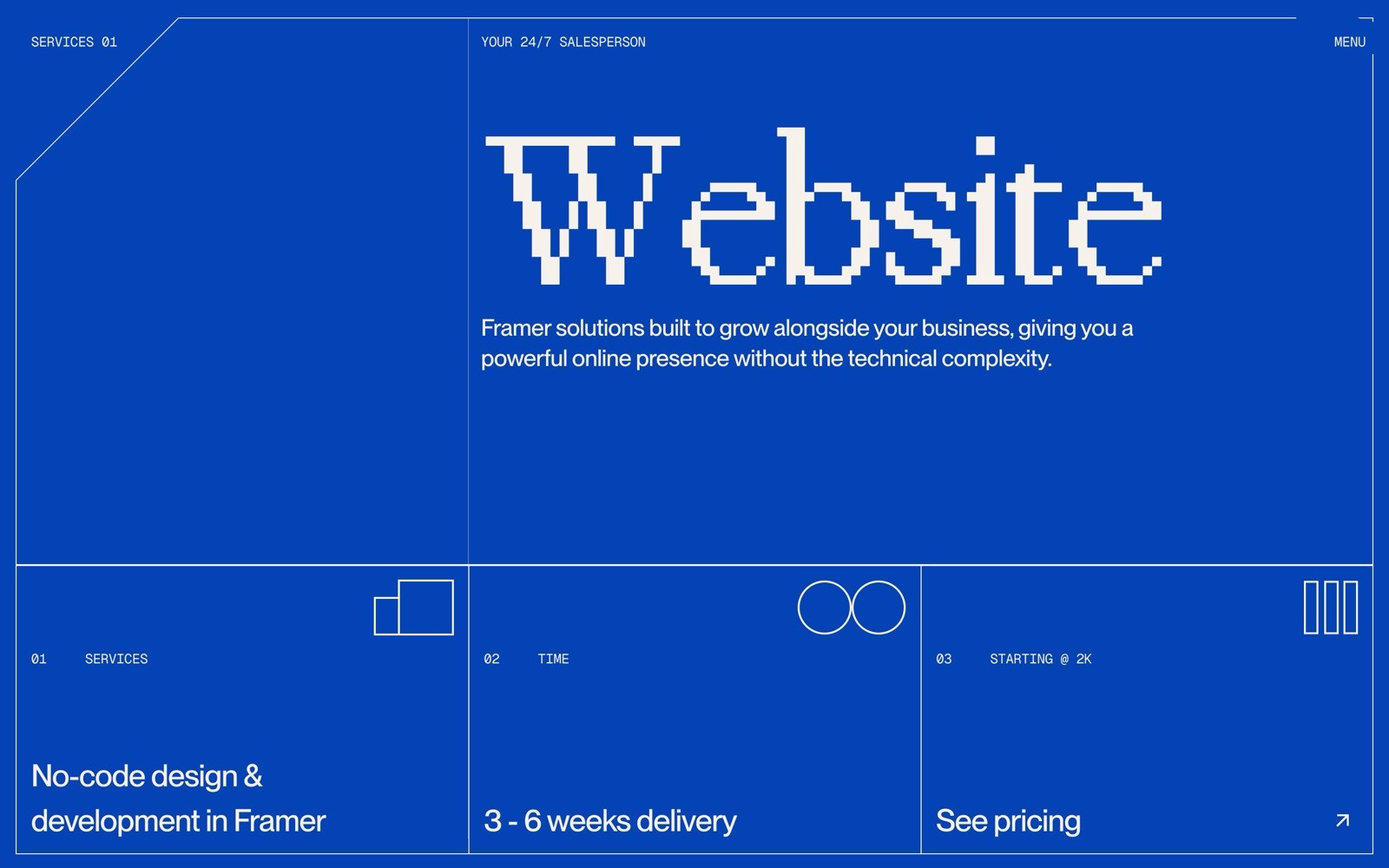 Blue grid layout with pixelated "Website" text. Sections titled "SERVICES," "TIME," "STARTING" with minimal icons and descriptions.