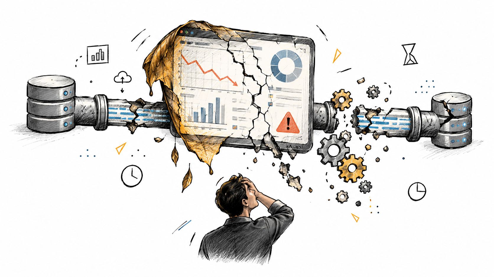 A distressed businessman looking at a fractured dashboard with broken data pipelines and failing digital infrastructure.