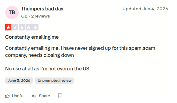 1-star EarnBetter Trustpilot review complaining about spam emails and no use outside the US