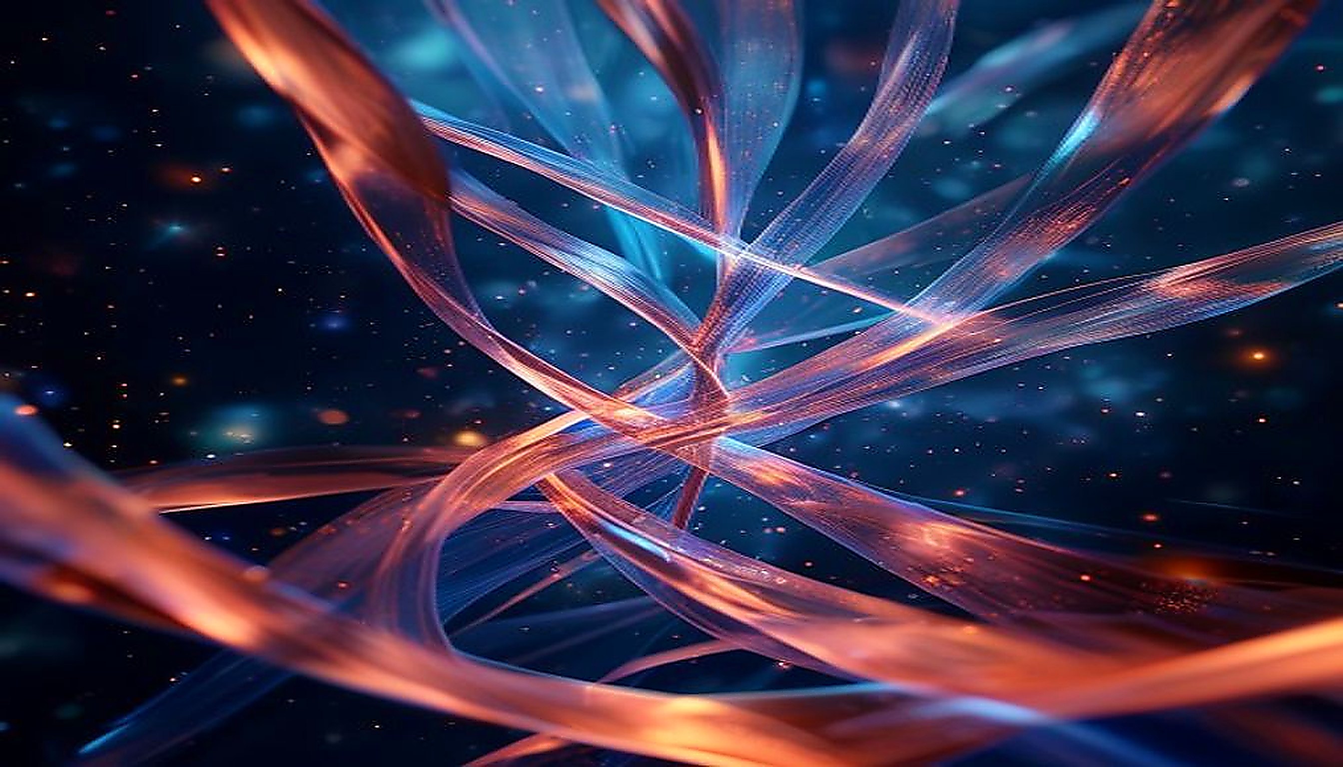 Chaotic luminous threads converging into one sharp spine, visualising how tech product branding creates strategic order.