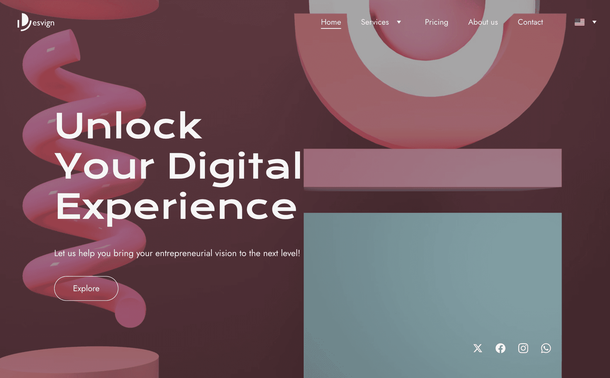 Screenshot of the Desvign website’s hero section with an abstract pink 3D spiral and headline reading ‘Unlock Your Digital Experience’ on a dark red background.