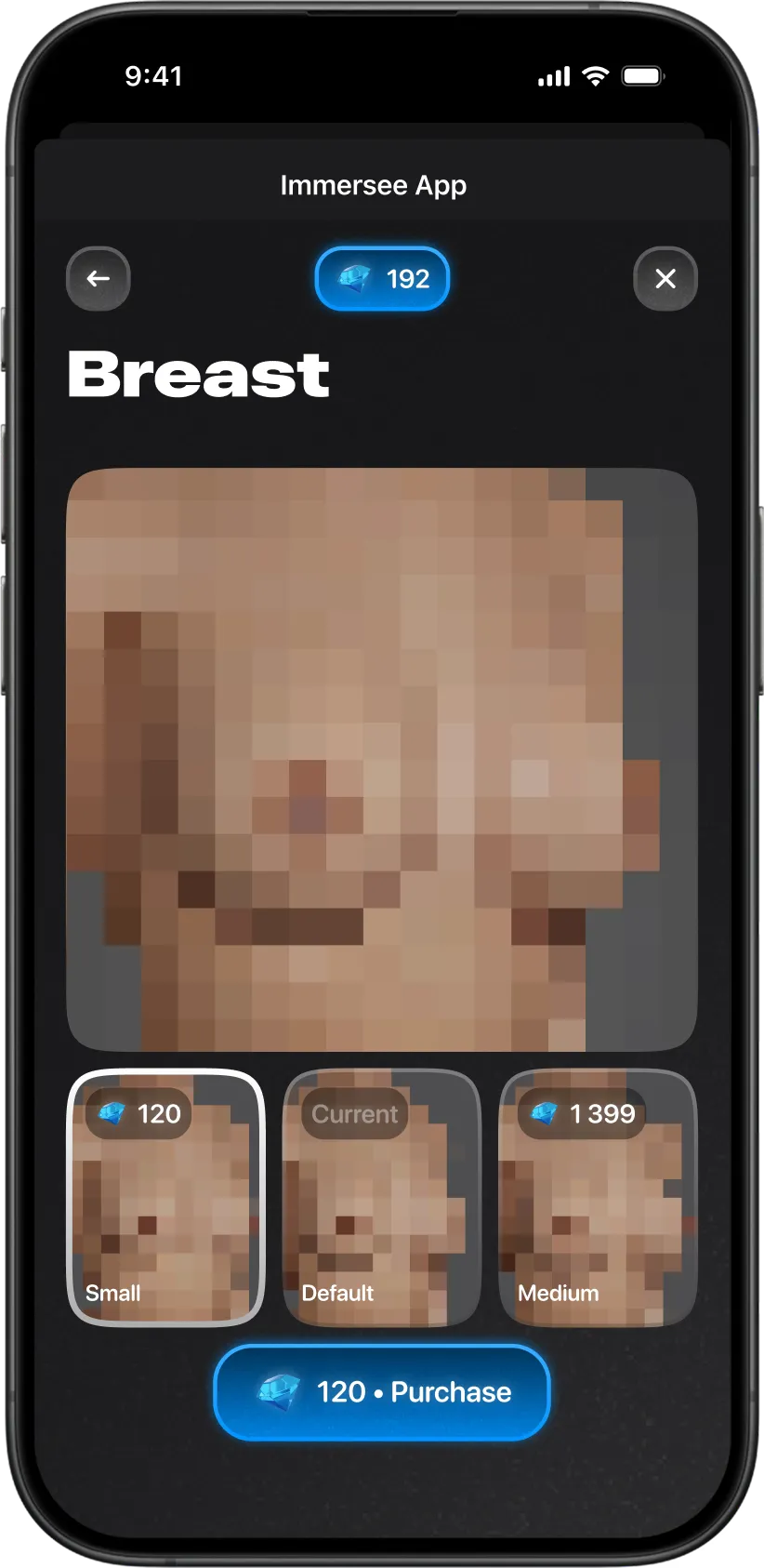 Character body customization screen in Immersee, showing selectable body type options, current state, price, and purchase button.