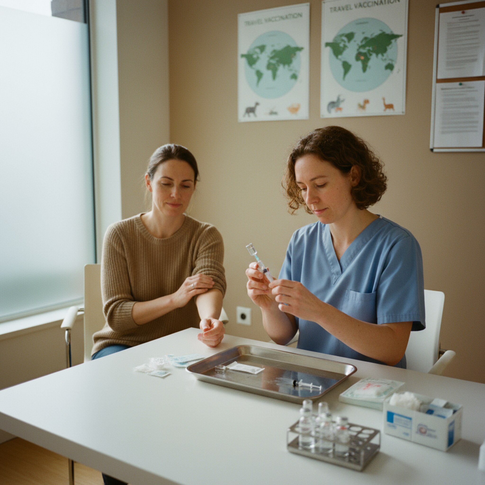 Ein heller Behandlungsraum am Vormittag. Eine Pflegefachkraft zieht konzentriert einen Impfstoff aus einem Fläschchen auf, während eine Person ruhig den Ärmel hochkrempelt. Auf dem Tisch liegen sterile Pflaster, Tupfer und eine kleine Ampullenablage. Dezente Poster zu Reiseimpfungen hängen an der Wand und schaffen ein sachliches, freundliches Ambiente.