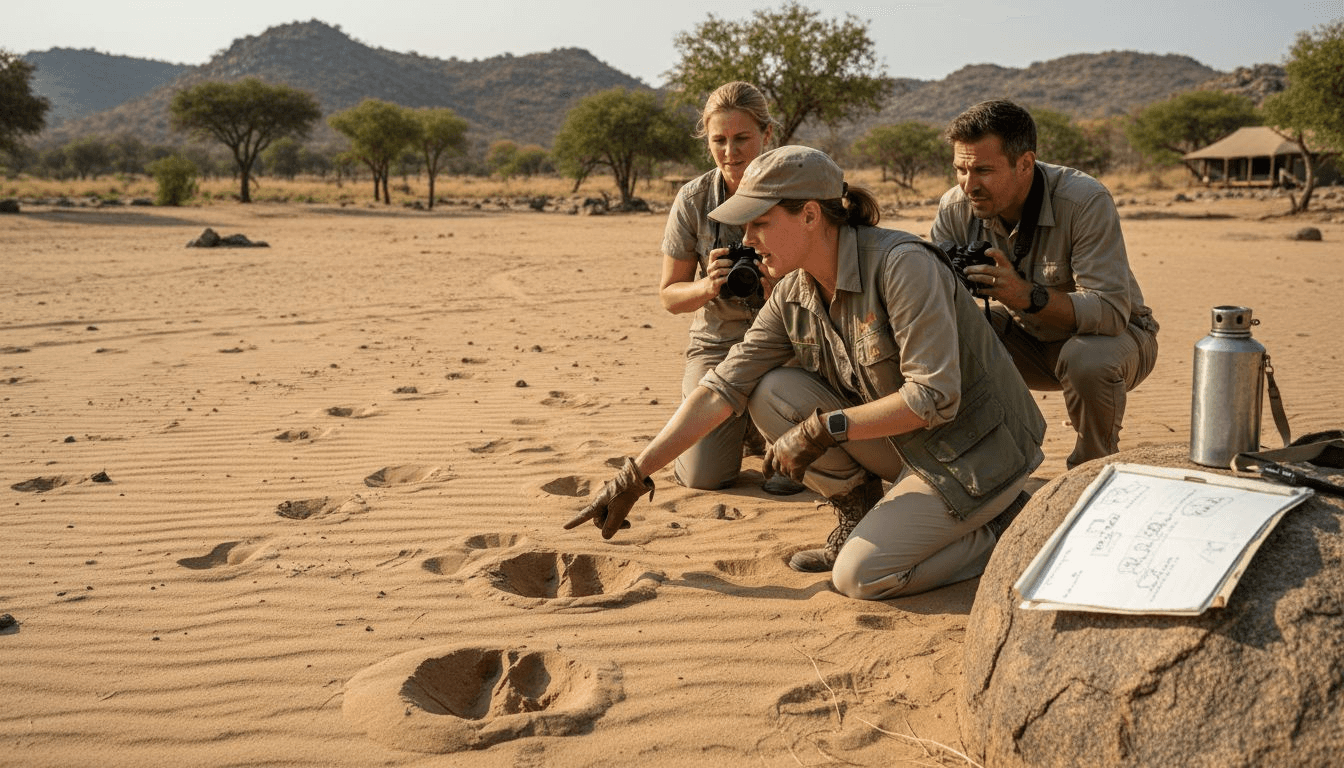 Guide showing elephant tracks to guests