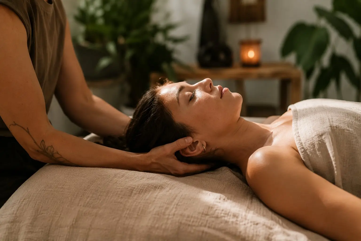 A woman receives a relaxing massage in a serene room decorated with plants and soft lighting.