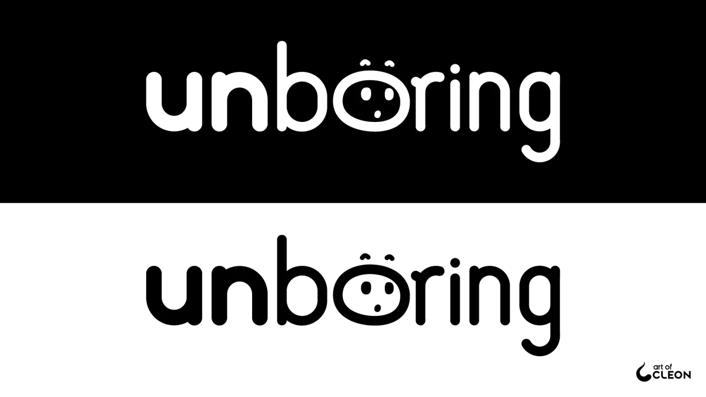 Horizontal Unboring wordmarks in two achromatic combinations: white on black above and black on white below, both using the surprised-face “o”.