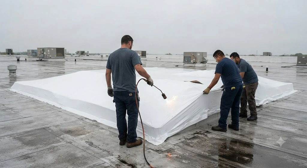 Roofing crew installing shrink wrap over a damaged section of commercial roof after a Florida storm