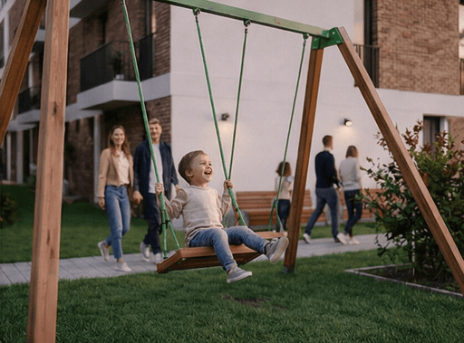 Ein spielendes Kind auf einer Holzschaukel im gemeinsamen Gartenbereich der Wohnanlage Bahnhofstraße 31. Im Hintergrund ist die moderne Klinkersteinfassade und der gepflegte Rasen zu sehen.