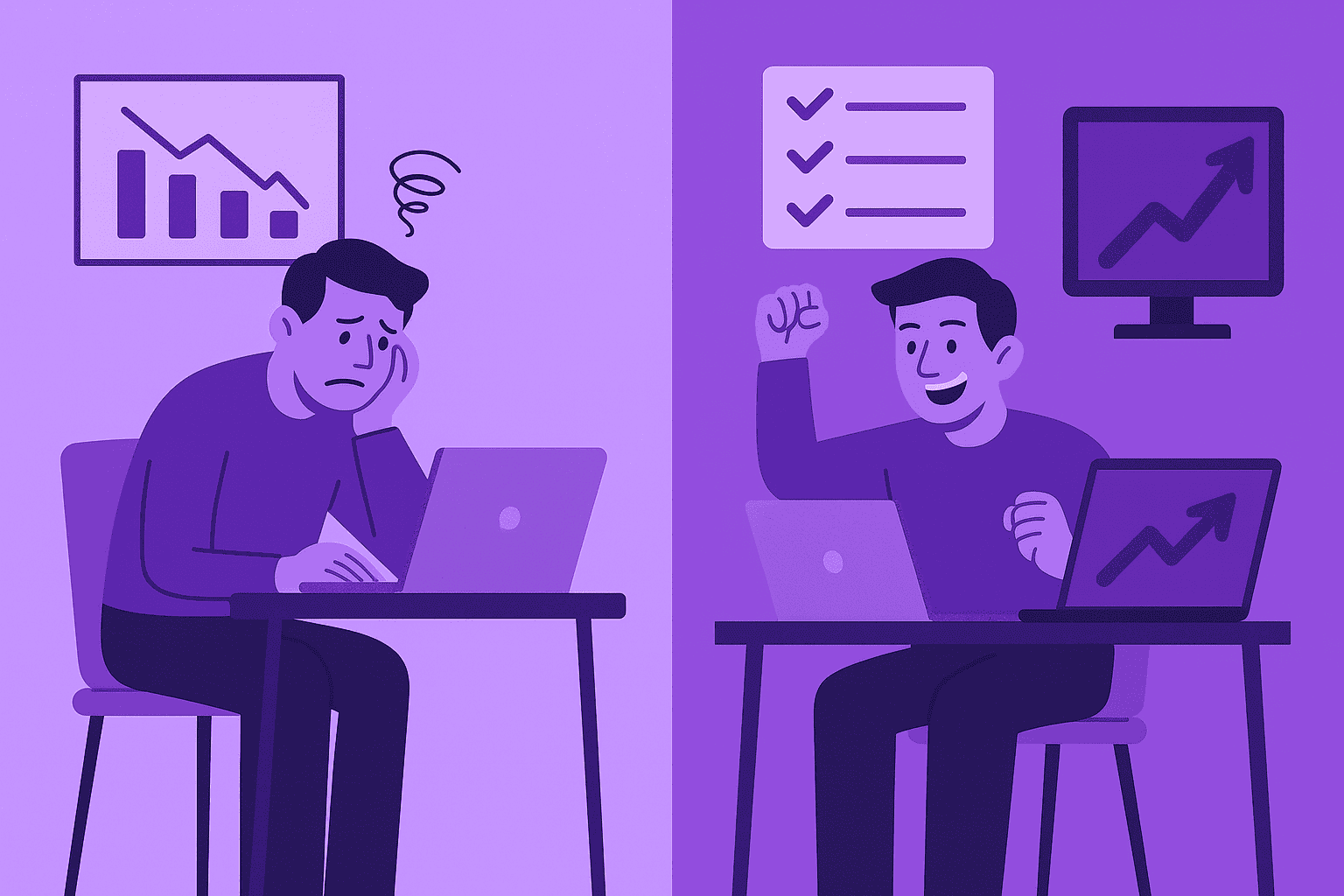 Flat-style digital illustration showing a diverse team collaborating around a dashboard with rising productivity metrics after adopting time tracking software, representing alignment, motivation, and growth.