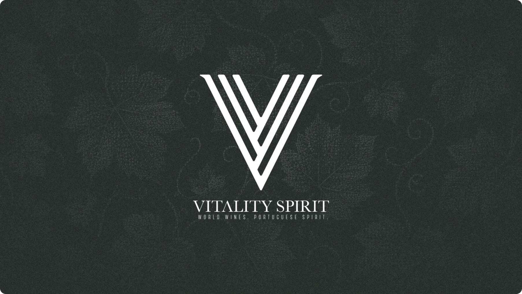 White geometric V logo centered on a dark floral-textured background, with “Vitality Spirit” and “Wine Brings People Spirit” beneath it.