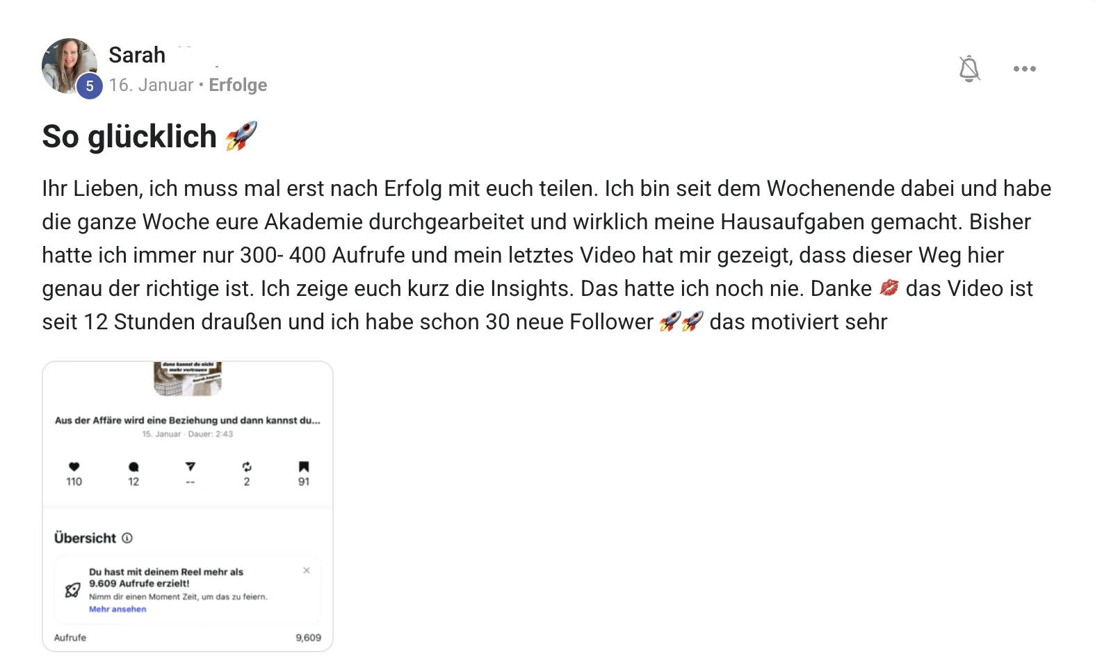 Erfahrungsbericht KI Creator Akademie: Sarahs Instagram-Reel springt auf 9.609 Aufrufe und 30 neue Follower