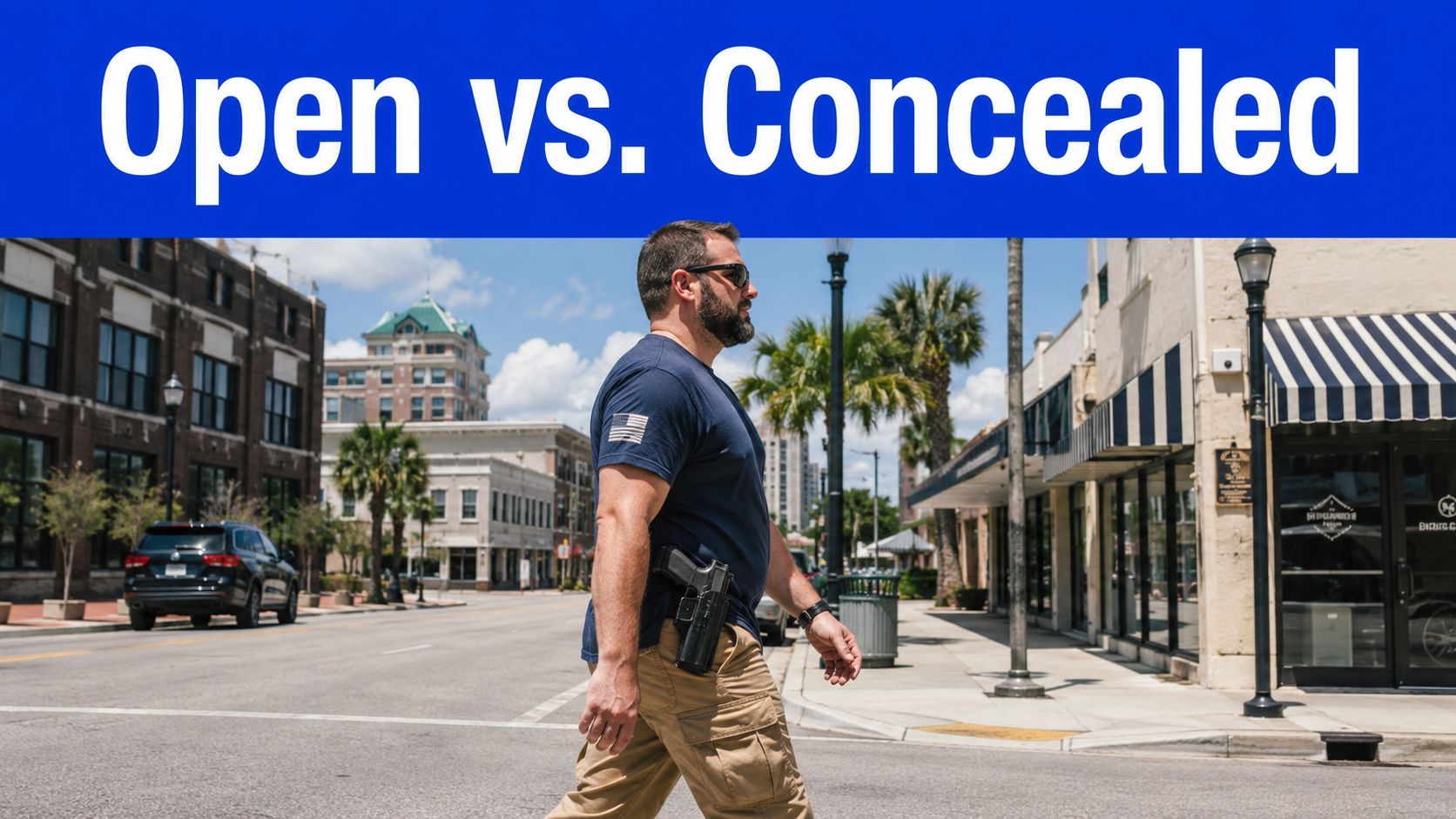 A man wearing a blue shirt walks down a sunny city street with an openly carried handgun.