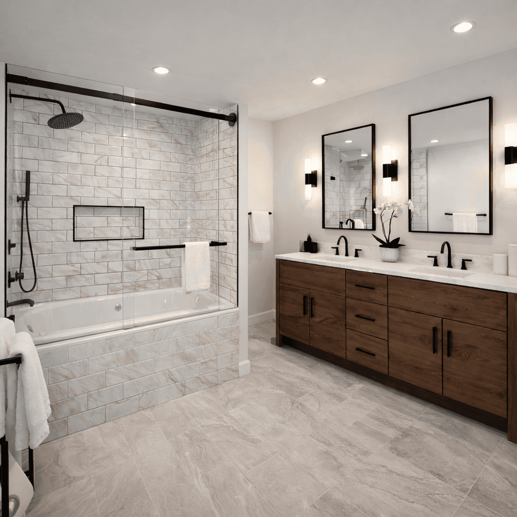 Modern bathroom featuring wooden cabinetry, a bathtub, a sleek sink, and natural light from a window.