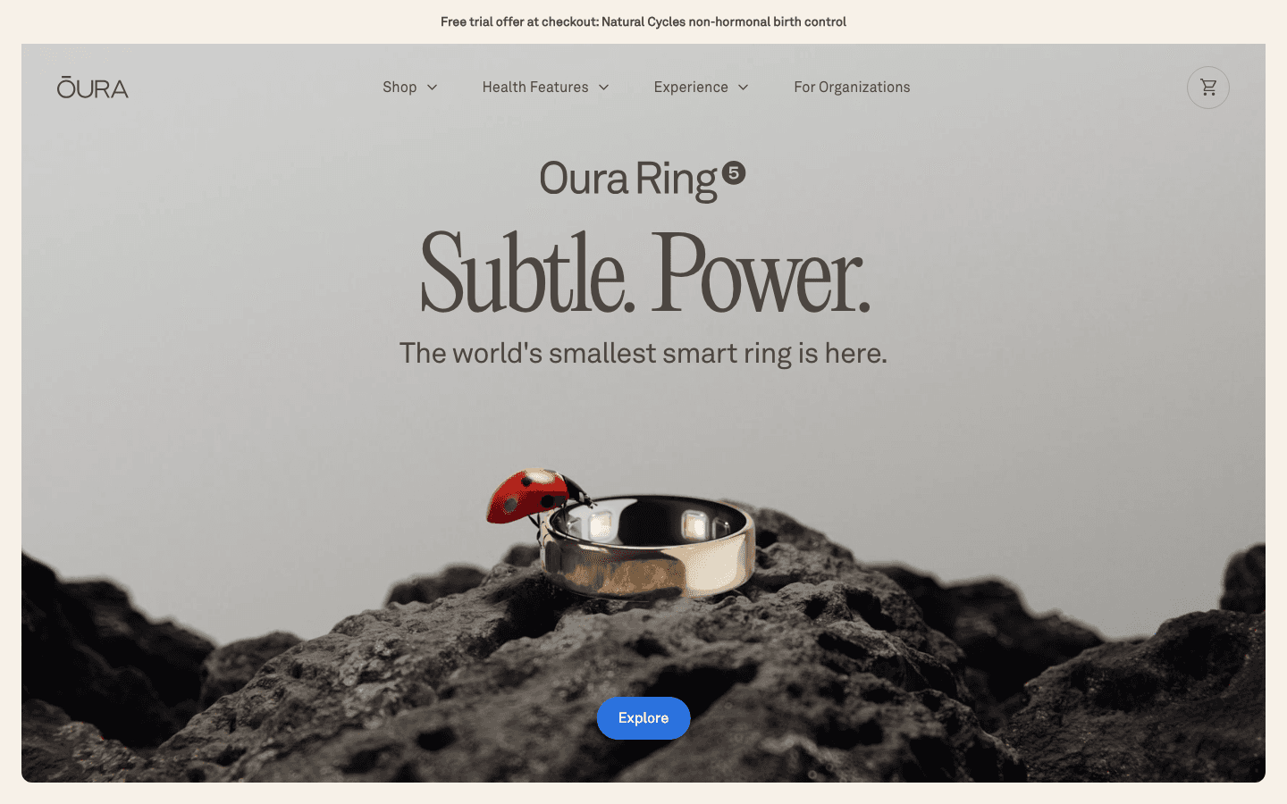 Oura Ring website (ouraring.com), showing the Oura Ring 5