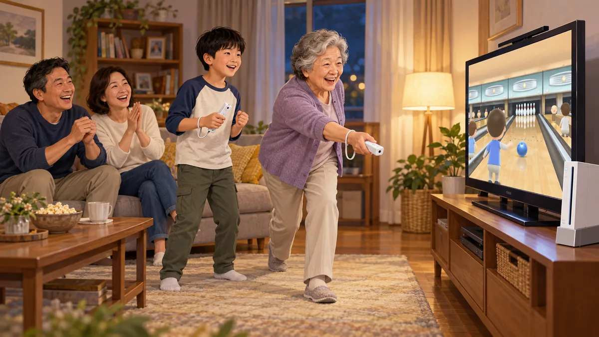 Wii 跨世代遊玩情境：不同年齡的人透過體感操作一起參與遊戲