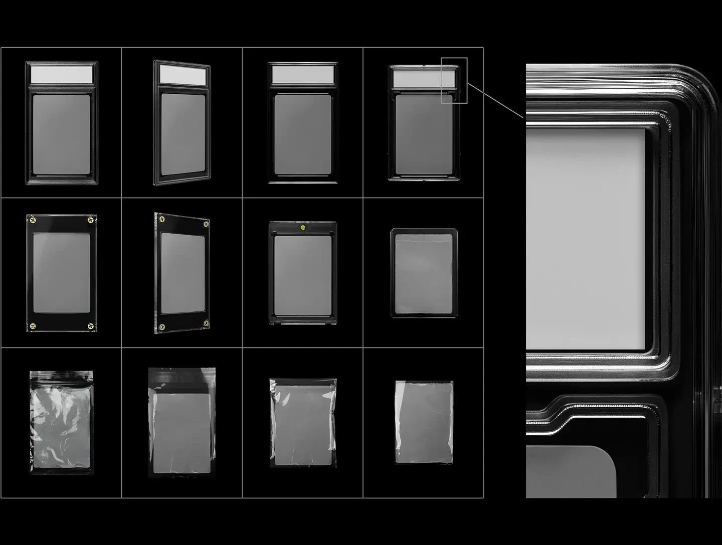 Trading card case mockups asset library with slabs screwdown cases sleeves and bags