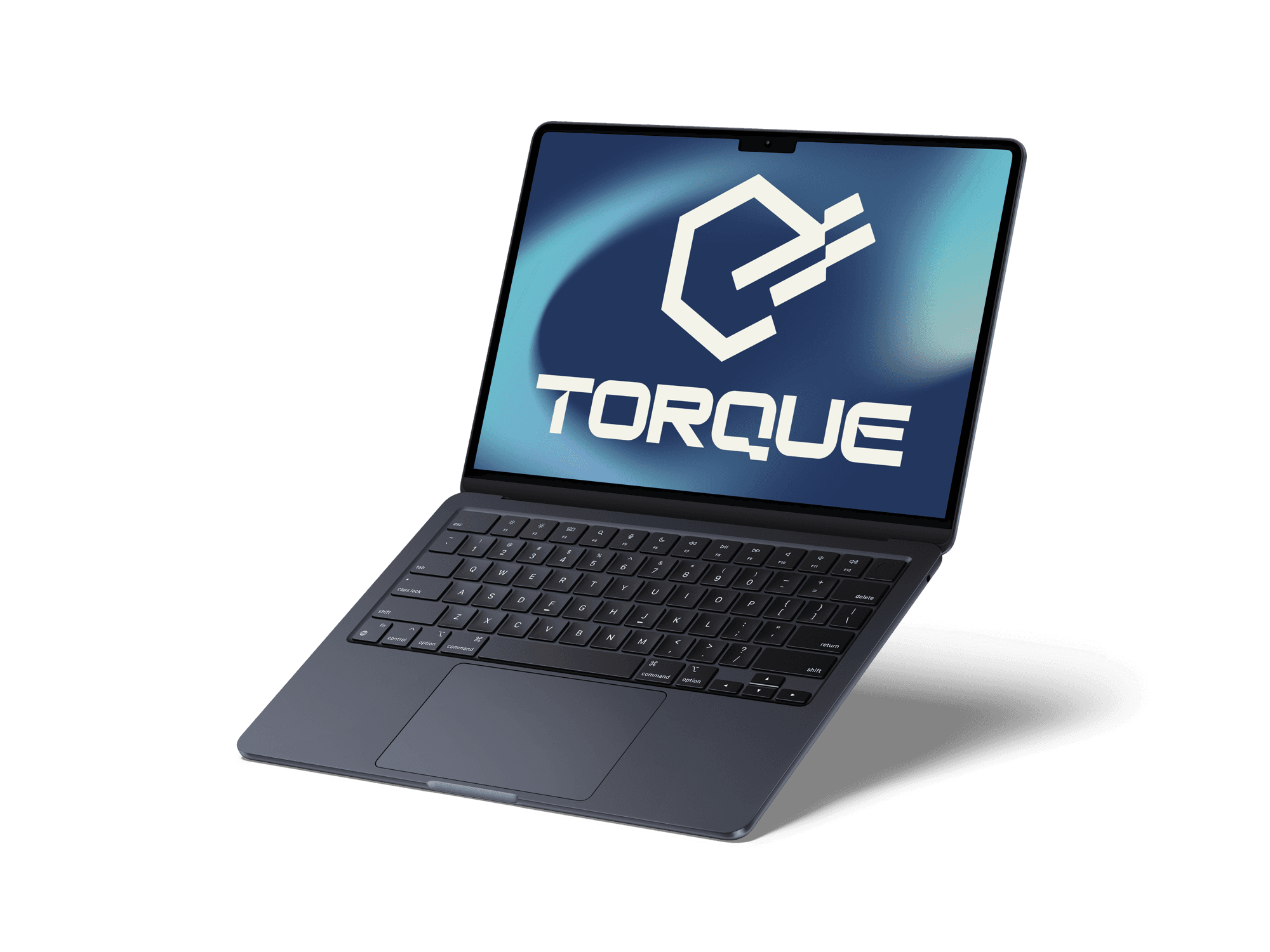 Laptop mockup with the Torque logo on a clean, geometric blue background.