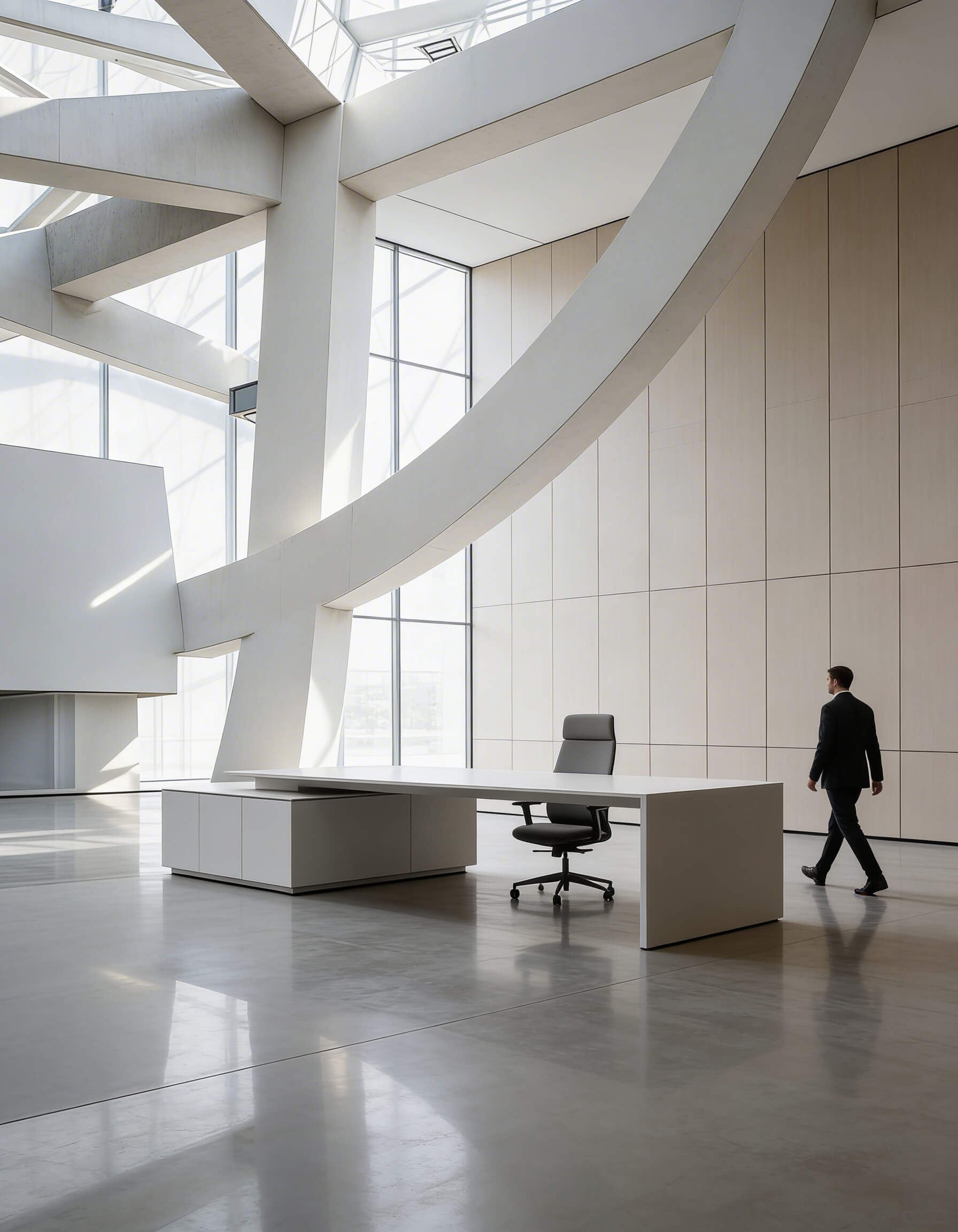 Corporate lobby with curved white walls and a single figure in motion