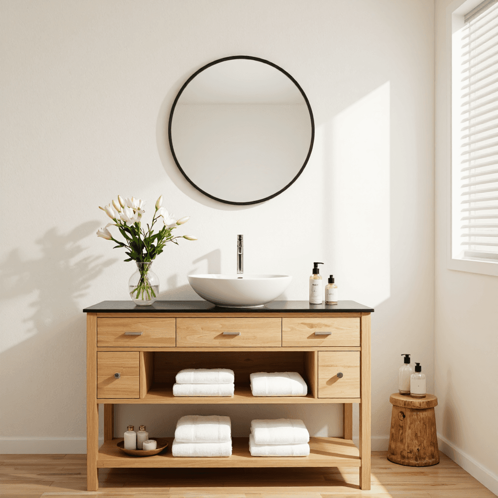 product photography of Bathroom vanity with mirror and decor