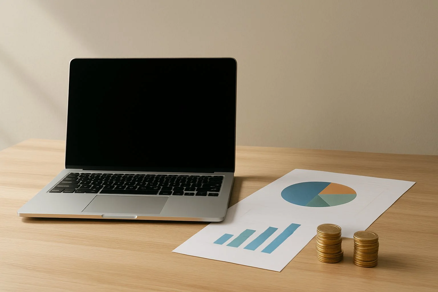 Minimalist workspace with a laptop, charts, and coins, bathed in soft natural light, suggesting reflection and future planning.