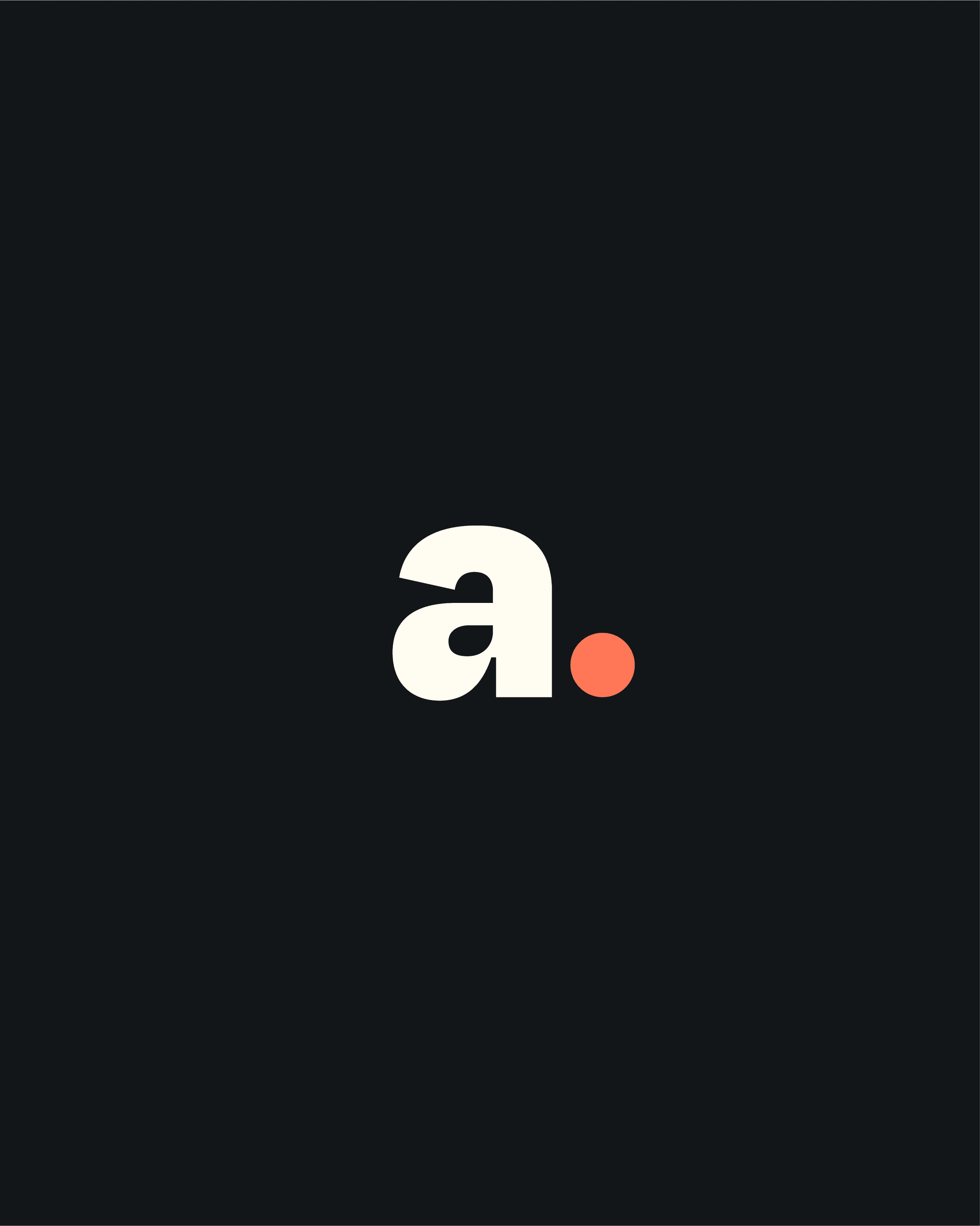 Minimalist logomark for Craftedbyadi featuring a bold, cream-colored lowercase letter 'a' followed by a vibrant coral-orange circular period, set against a dark charcoal background.