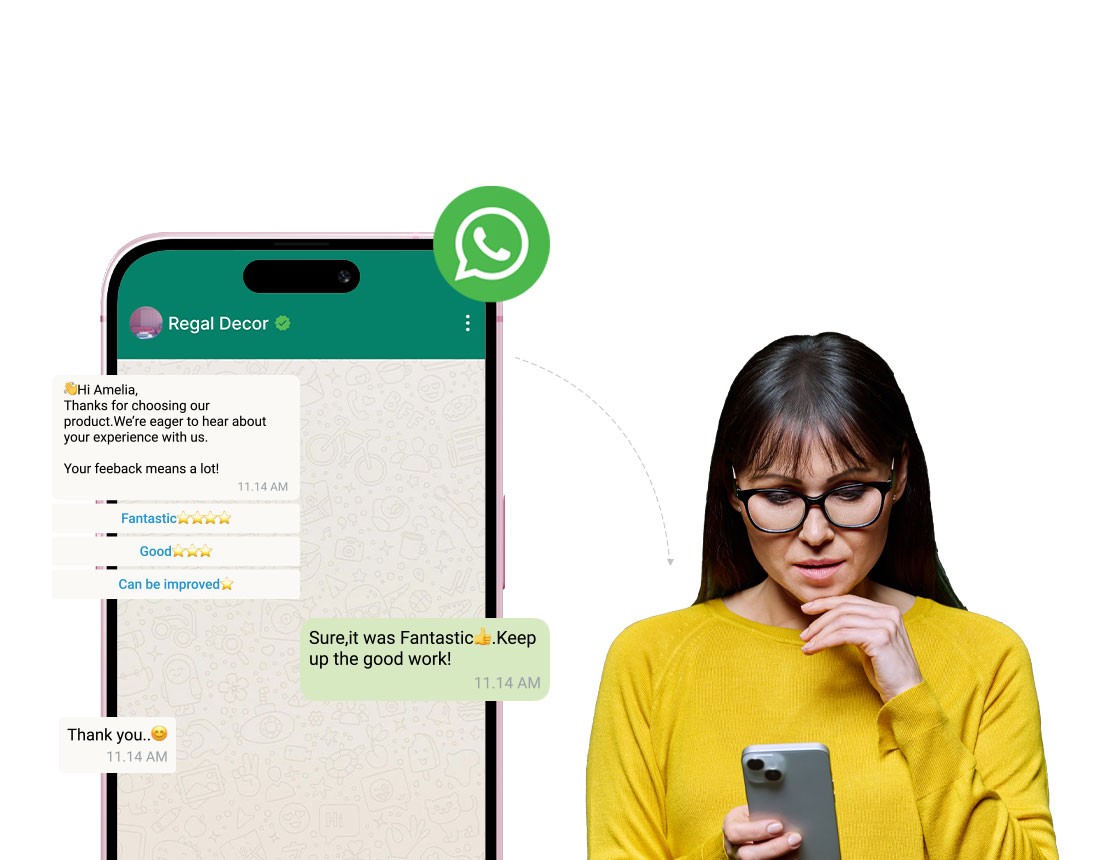 : Digital illustration showing a woman with glasses looking at her smartphone, with a WhatsApp chat from "Regal Decor" requesting feedback on a product. The chat includes multiple feedback options and a positive response. A WhatsApp icon is visible in the top right corner
