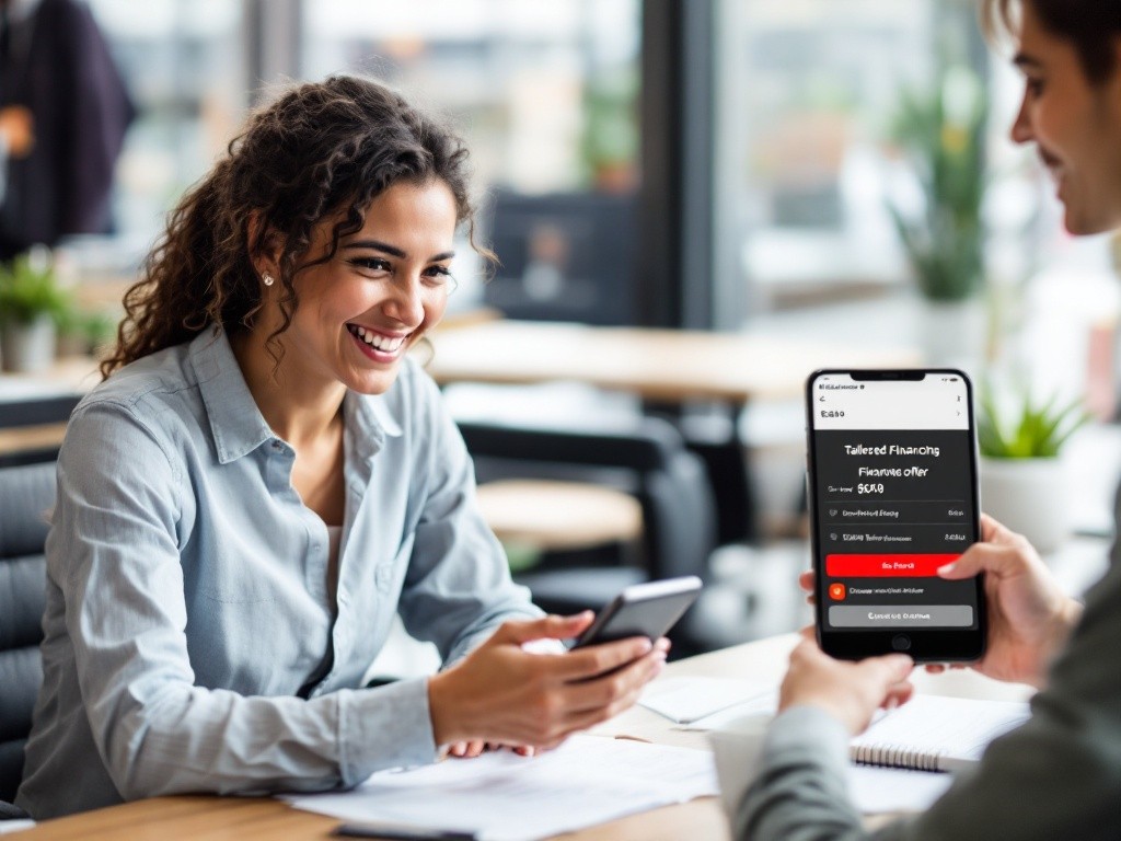 Two people are sitting at a table and looking at a phone. The phone is showing a tailored financing offer.
