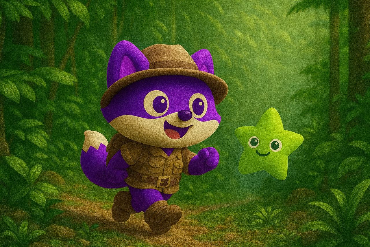 Zoya mascot exploring a tropical jungle trail