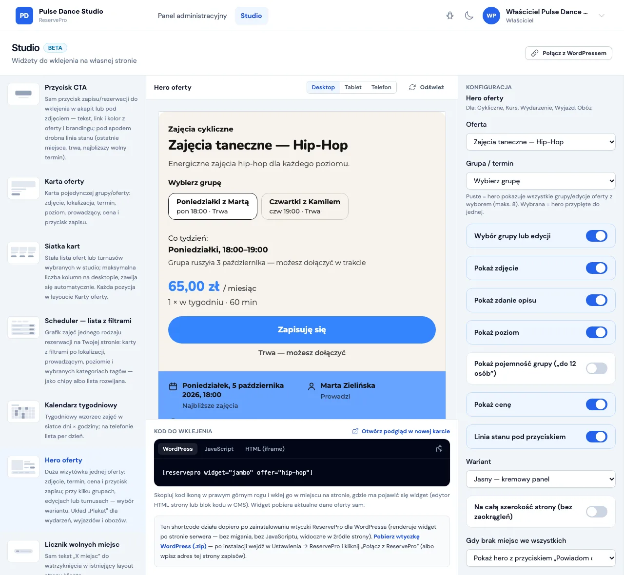 Studio ReservePro: zakładka WordPress z gotowym shortcode i podglądem widgetu Hero oferty