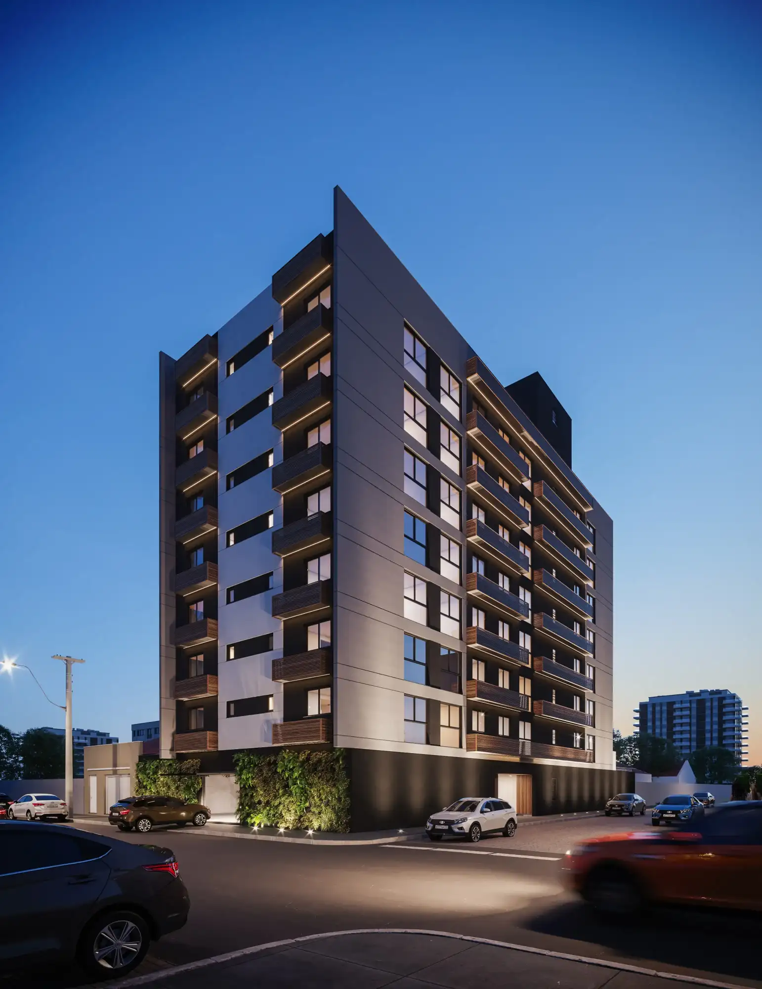 Fachada noturna Moon Residencial Pelotas