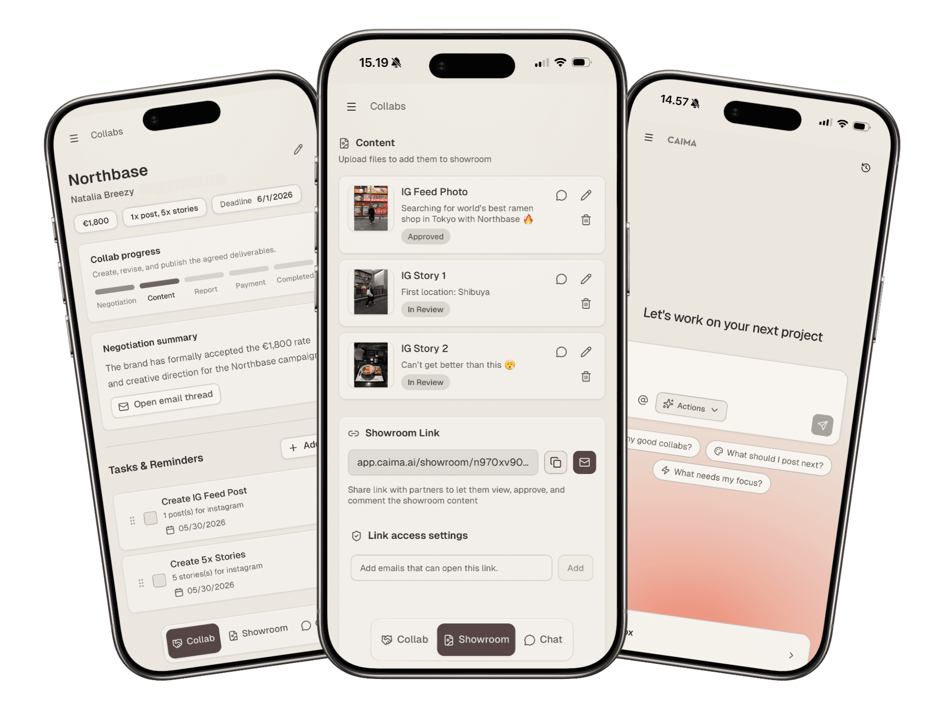 caima app product mockups of ai manager for creators' brand collabs