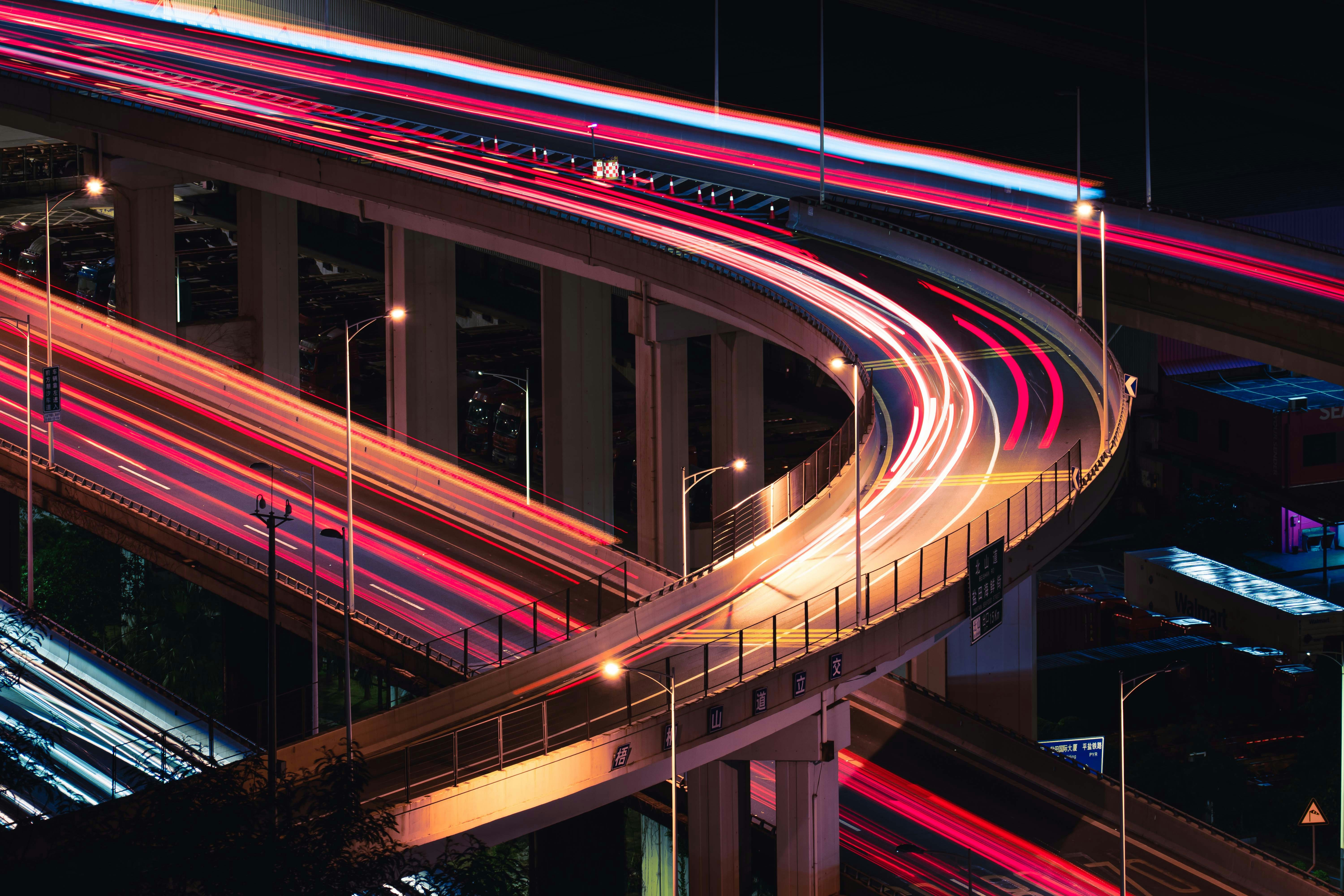 a bridge with red lights
