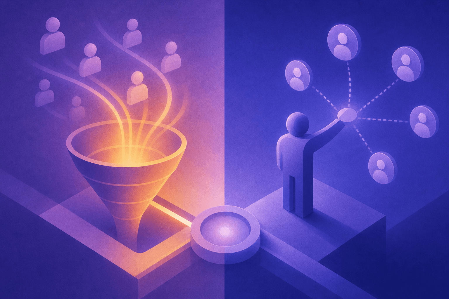 A split visual showing two distinct sales pathways: on the left side, a warm glowing funnel with prospects flowing inward toward a central hub, representing inbound leads arriving with intent; on the right side, a sales representative figure reaching outward toward multiple prospect icons in a network pattern, representing outbound prospecting. Clean modern illustration style with a blue and orange color palette, abstract geometric shapes, no text or labels anywhere in the image.