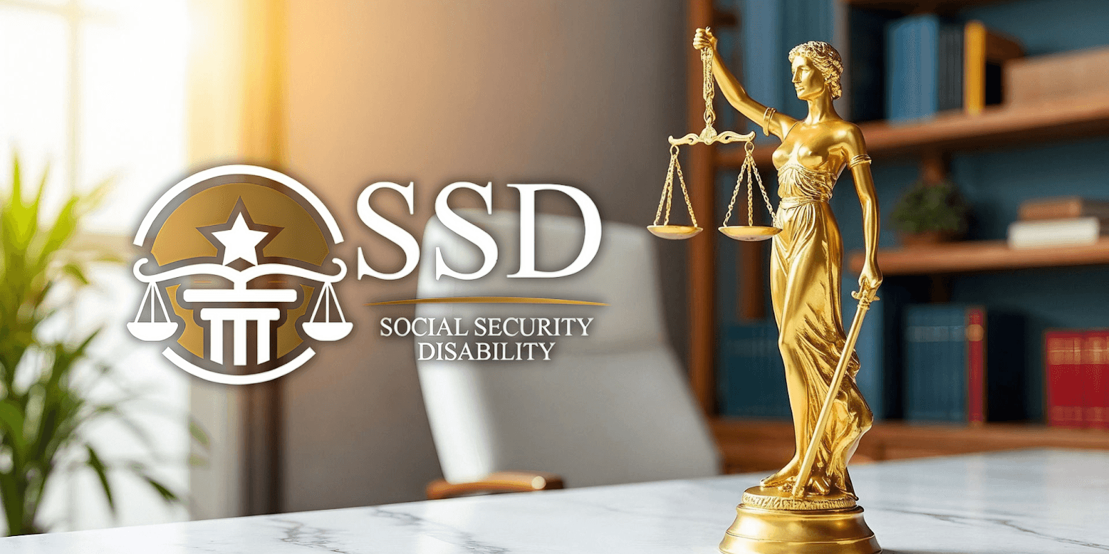a golden statue of Lady Justice with a balanced scale, representing Social Security Disability law.