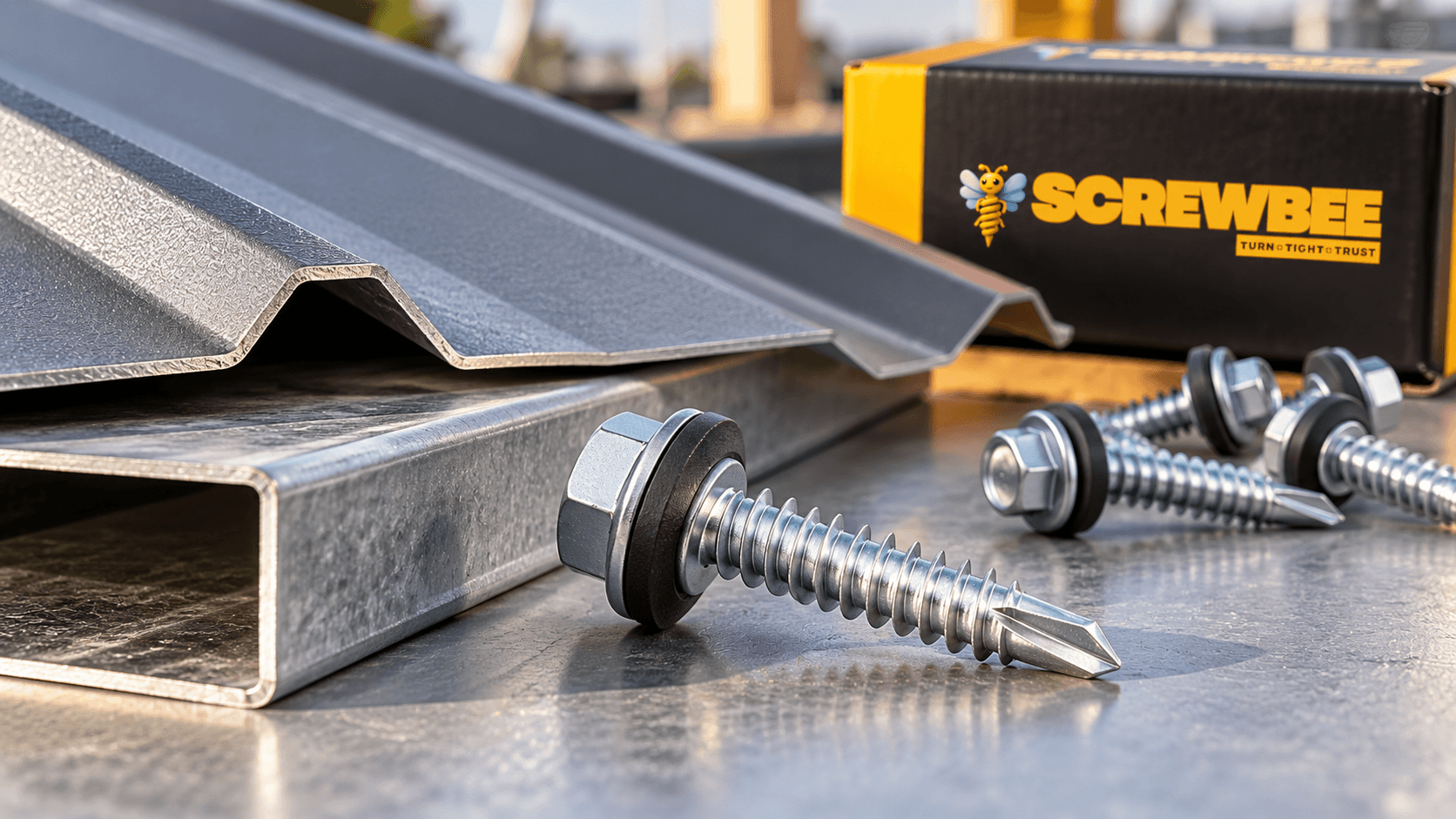 Self drilling screw drill point and washer shown for metal roofing and cladding selection