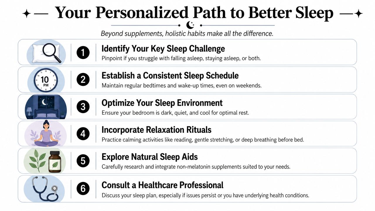 A six-step guide infographic titled Your Personalized Path to Better Sleep, outlining holistic sleep improvement strategies.