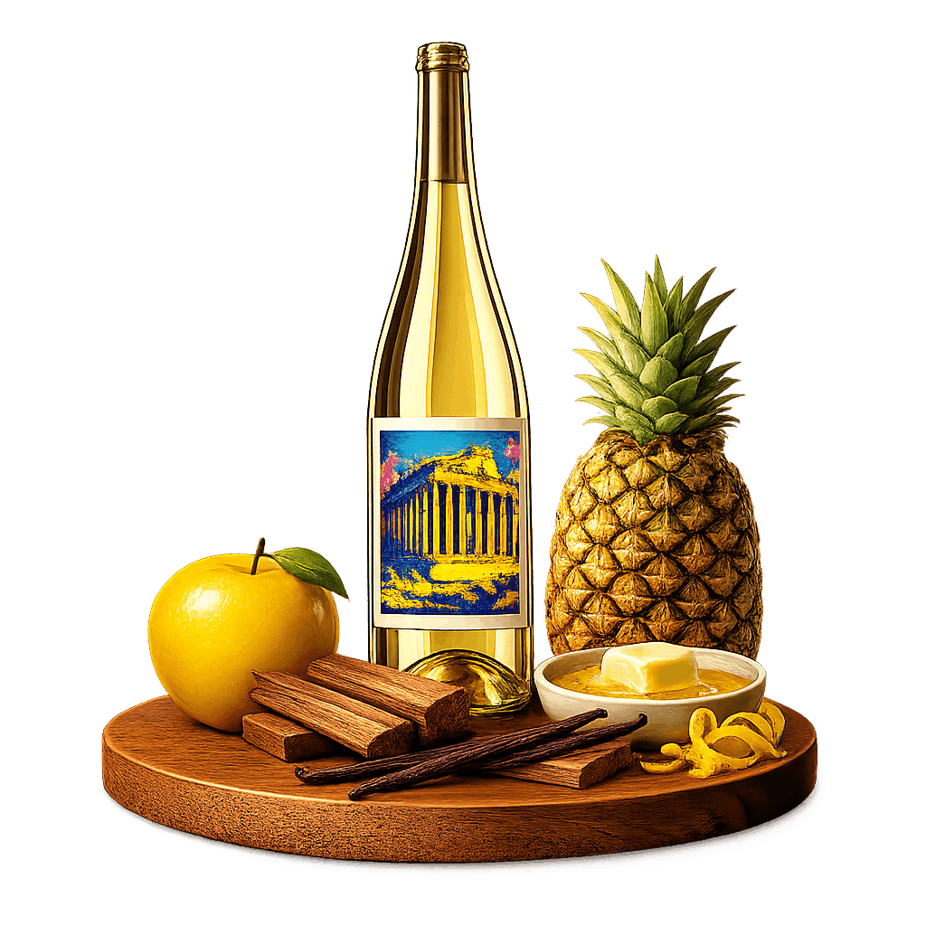 Artistic label and flavor profile for Lebanese Chardonnay on a rustic wooden table.