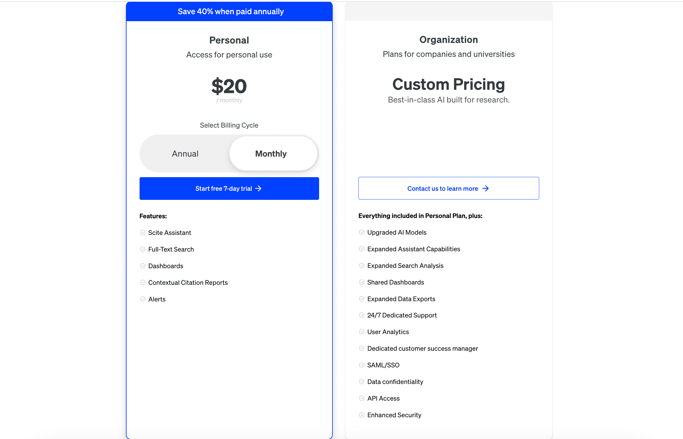 Scite's pricing page