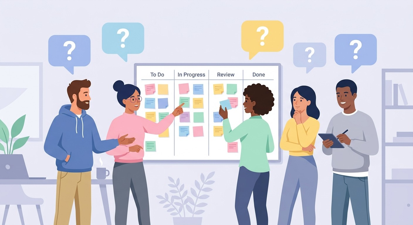 An agile mobile app development team discussing questions around a kanban board with to do, in progress, and done columns.