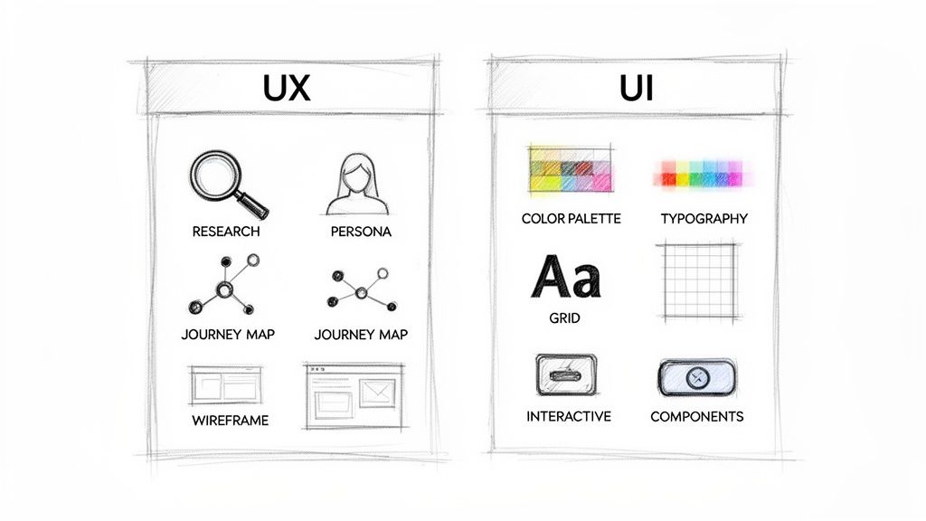 A side-by-side comparison illustrating key elements of UX design and UI design processes.