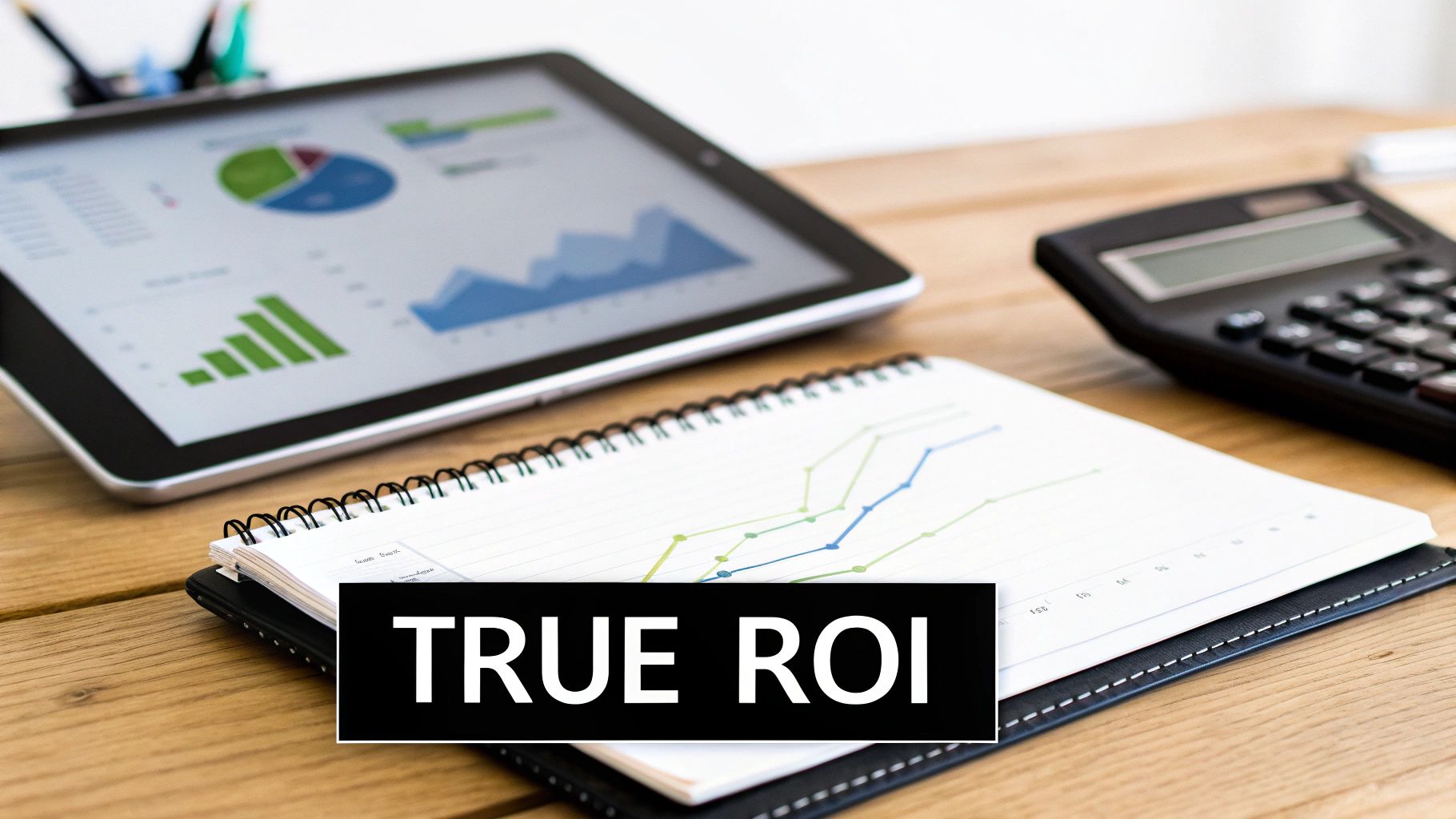 A tablet, notebook with graphs, and calculator on a wooden desk, emphasizing 