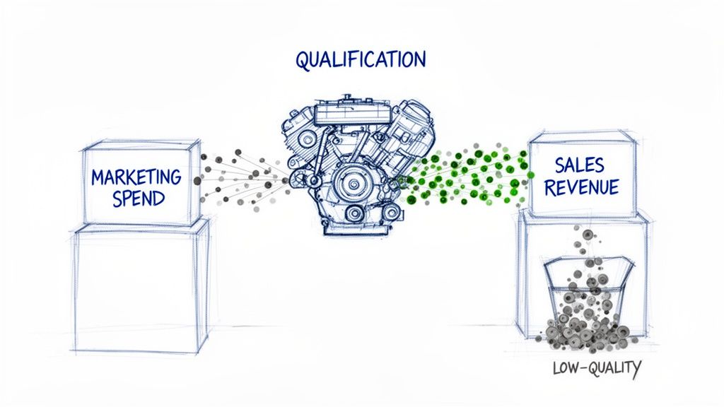 Diagram illustrating marketing spend processed by a qualification engine into sales revenue, showing low-quality leads filtered out.