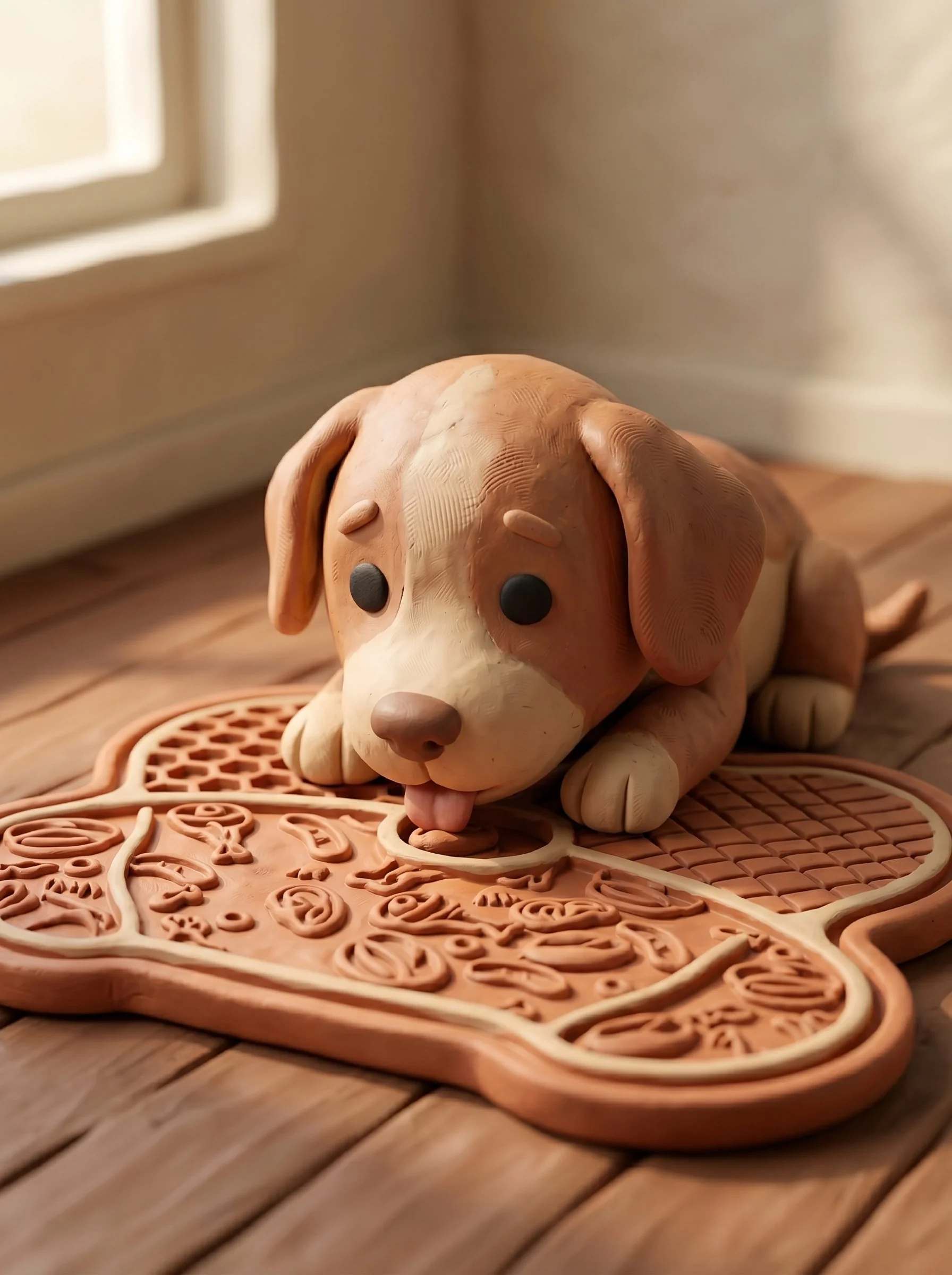 Bean the claymation puppy licking a handmade terracotta lick mat, his anxiety softened into quiet focus as warm afternoon light streams through the window.